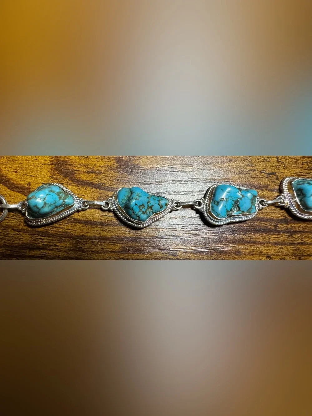 Blue Turquoise Cabachon Adjustable Bracelet Set In 925 Sterling Silver